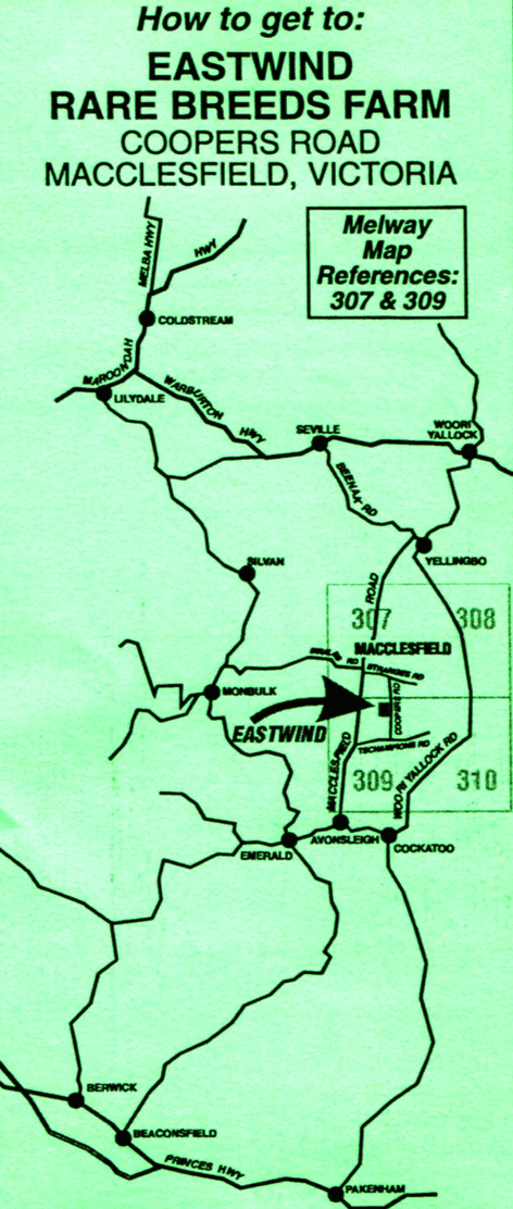 Map of how to get to Eastwind Rare Breeds Farm. Coopers Road, Macclesfield Victoria